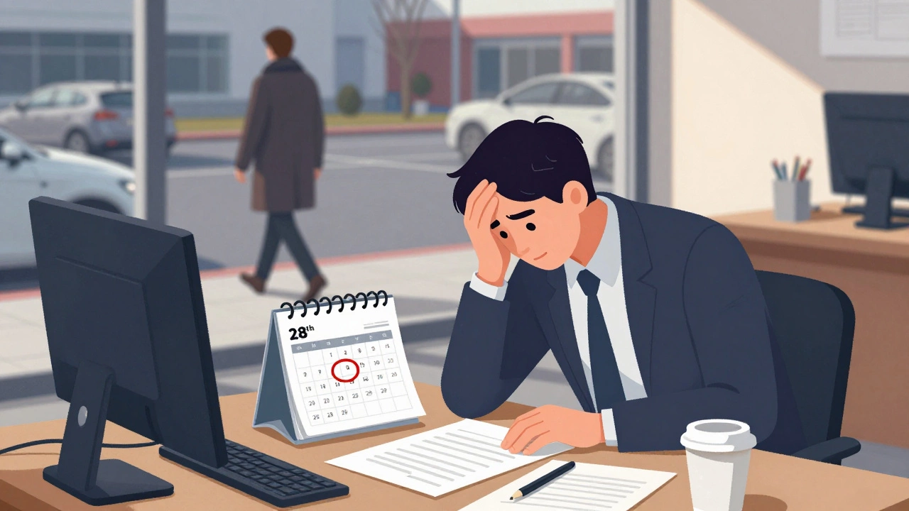 Dealership salesperson at desk on the last day of the month, surrounded by paperwork and a calendar marked with a red circle.