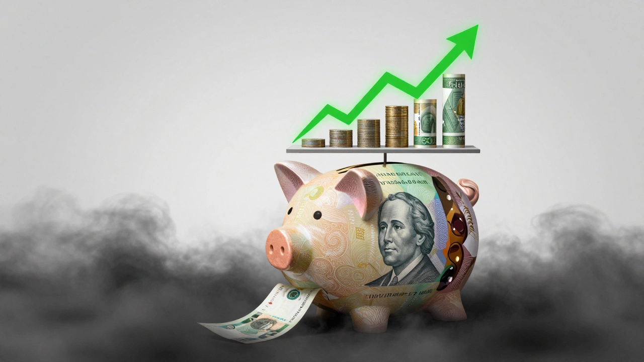 Shrinking piggy bank being consumed by inflation fog, with growing investment portfolio above.