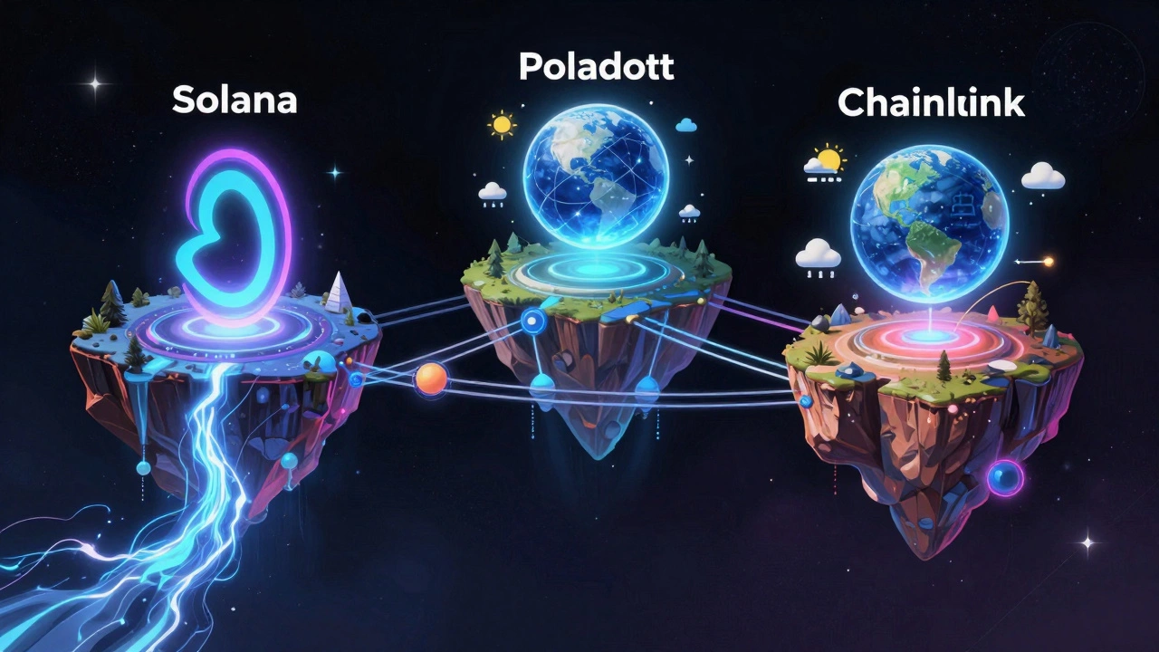 Solana, Polkadot, and Chainlink as interconnected pillars delivering speed, interoperability, and real-world data to blockchain systems.