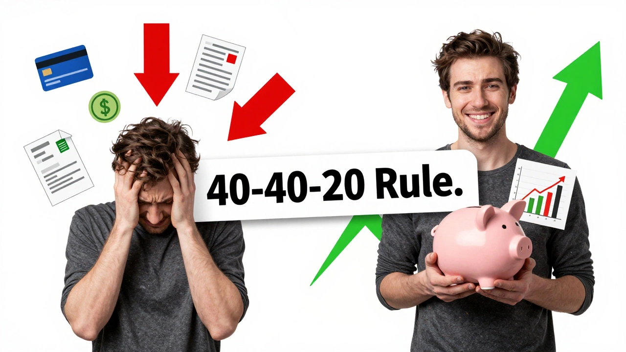 Split image contrasting debt overload on one side with financial freedom on the other, highlighting the 40-40-20 rule.