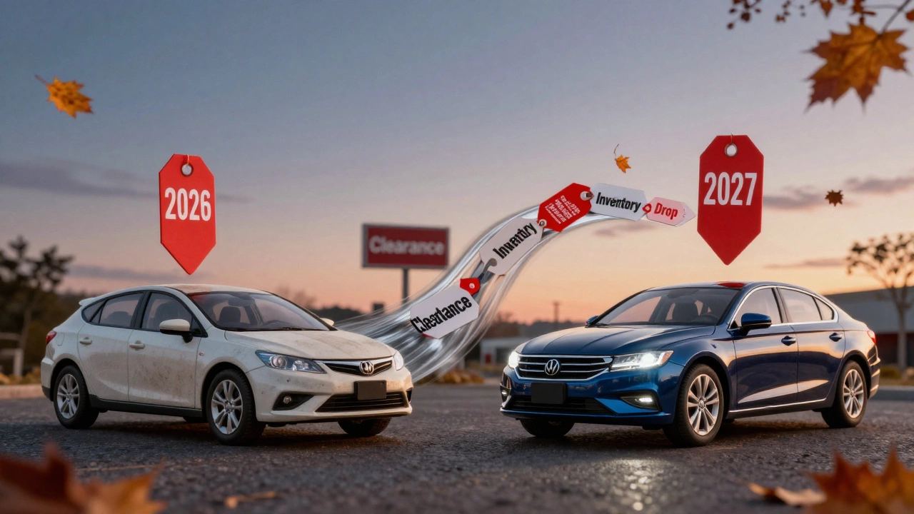 Split image showing an old car model with discount tags transitioning into a new model, autumn leaves swirling in the background.