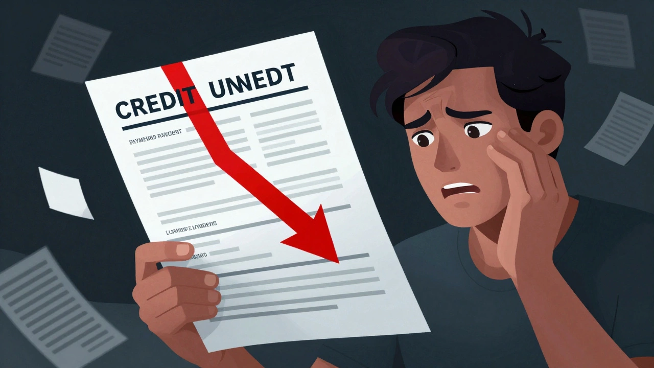 Stressed person with credit report showing red downward arrow