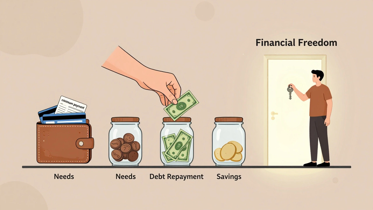Timeline illustration showing financial transformation from debt stress to freedom through the 40-40-20 budget method.