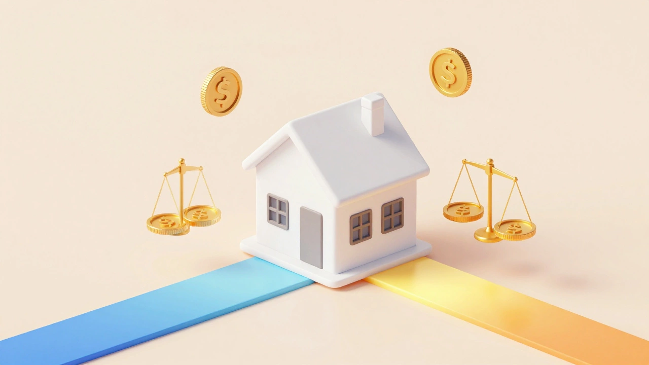 3D illustration of a house model with coins and diverging pathways.