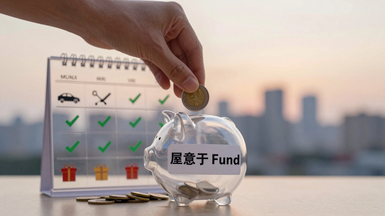 A hand placing a coin into an emergency fund piggy bank, with a transparent calendar showing planned expenses behind it.