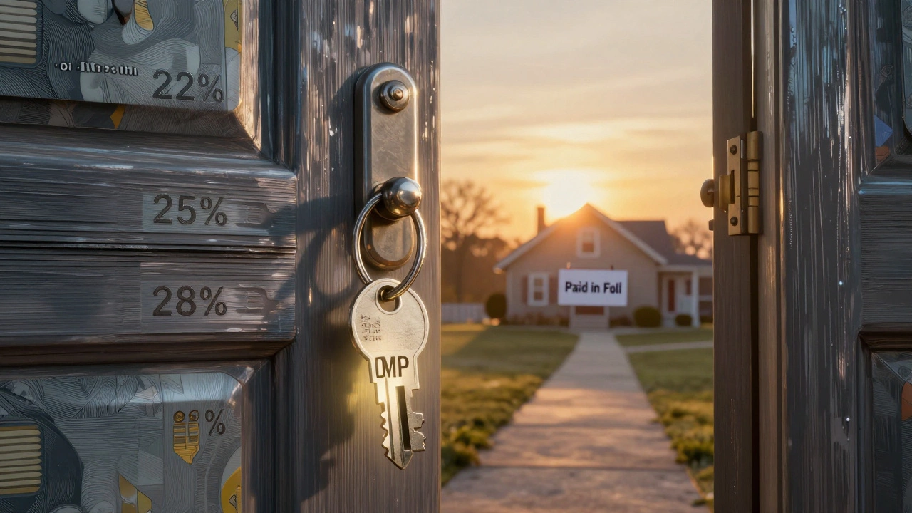 A locked door made of credit cards with a glowing key labeled 'DMP' in front, symbolizing a path to financial freedom.