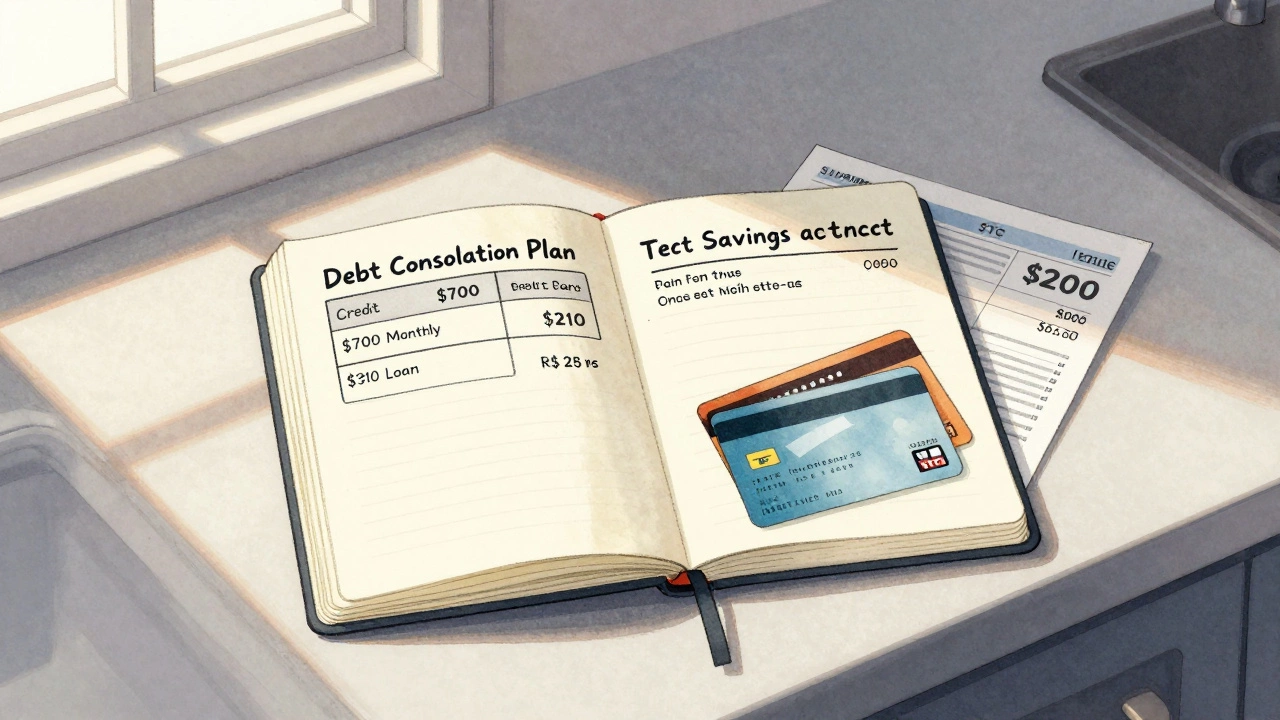 A notebook detailing debt consolidation with reduced payments and a small savings balance on a kitchen counter.