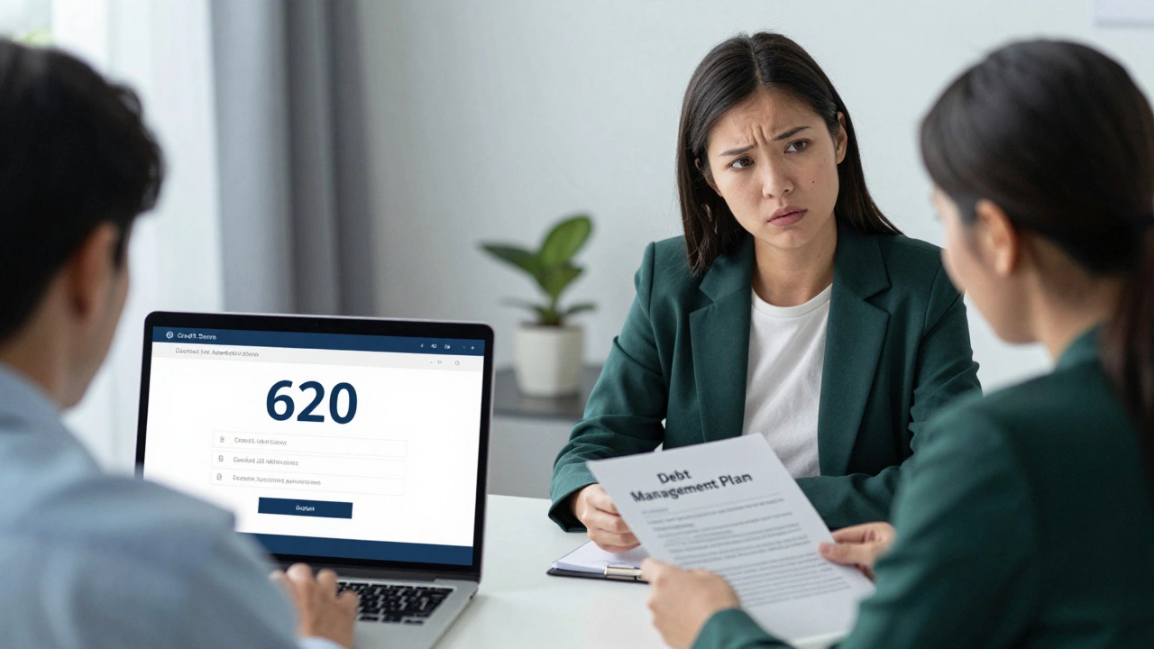 A person looking at a low credit score on a laptop while another sits with a credit counselor in a quiet office.