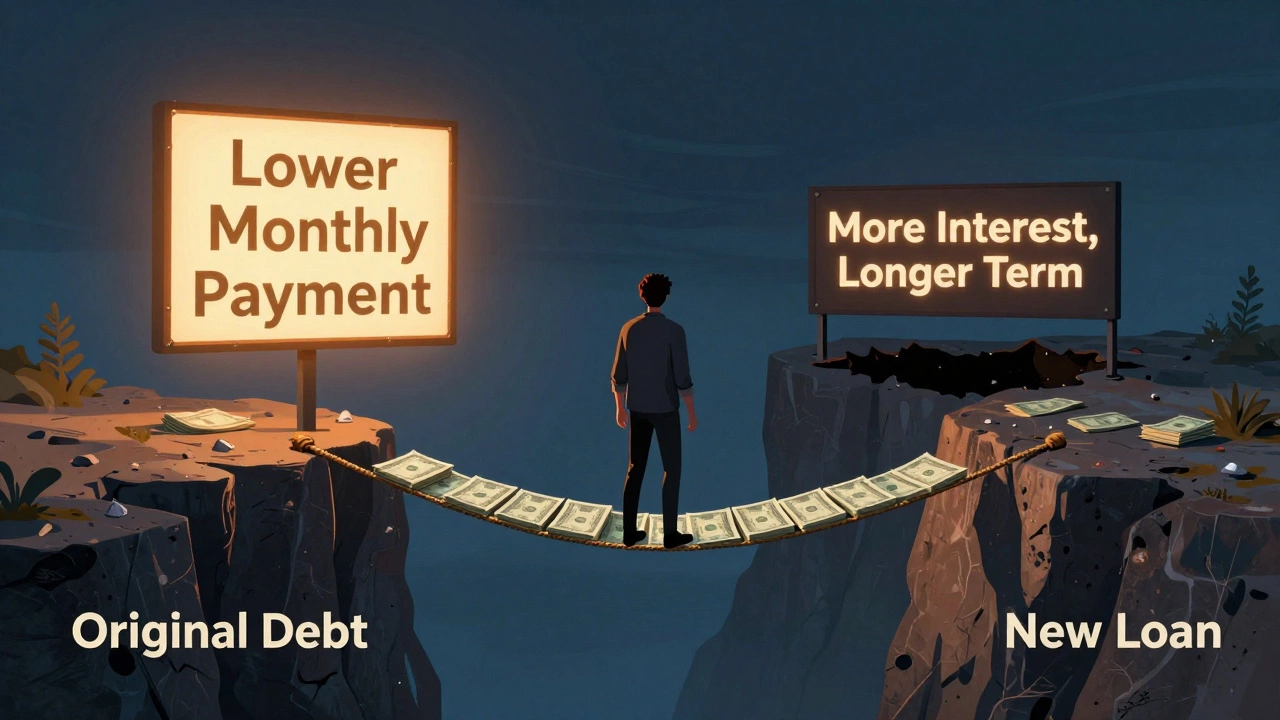 A person on a tightrope between 'Original Debt' and 'New Loan', with a pit below labeled 'More Interest'.