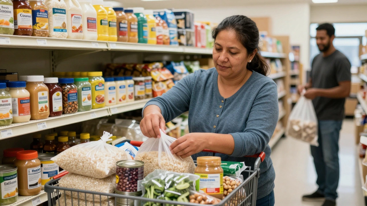 A woman selecting groceries at a Toronto food bank, surrounded by bulk staples like rice and canned beans.