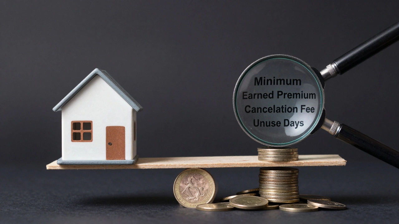 Balance scale with house and coins, magnifying glass revealing fine print about insurance refund terms.