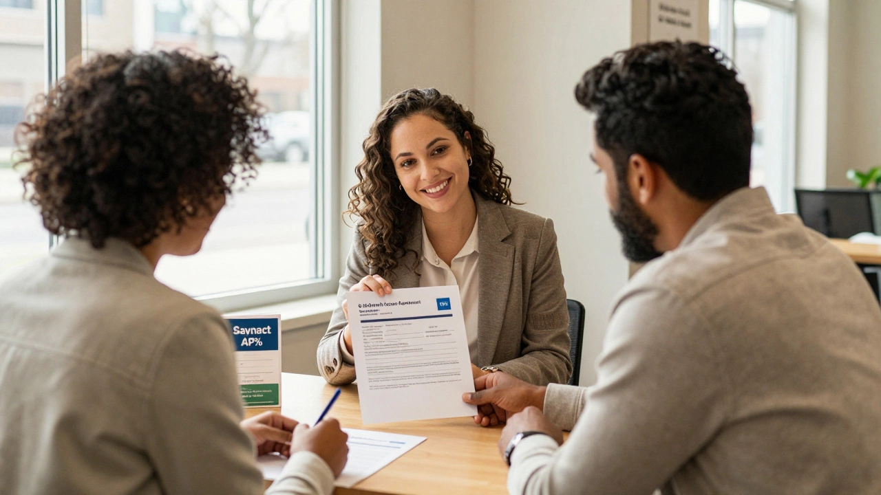 Client meeting with credit counselor reviewing affordable small loan terms in a well-lit branch.