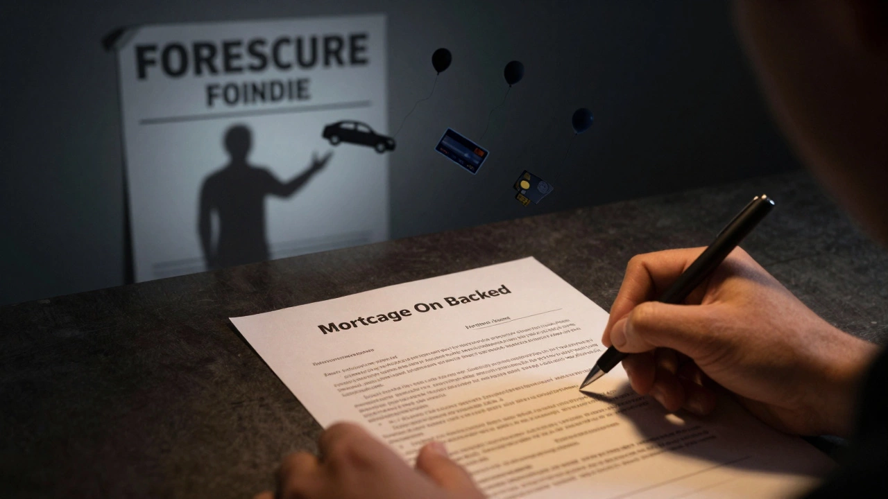 Hand signing loan document as foreclosure shadow looms over house and car drifts away.