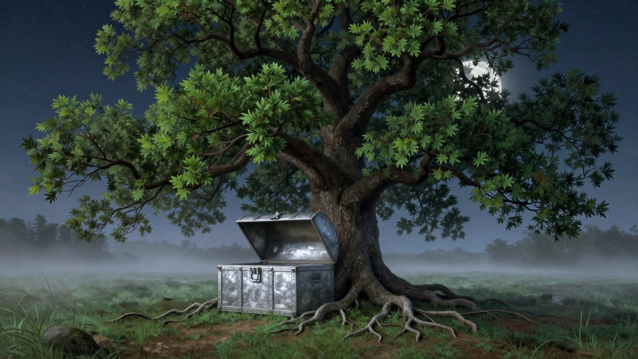 Large tree growing out of an open metal chest at night