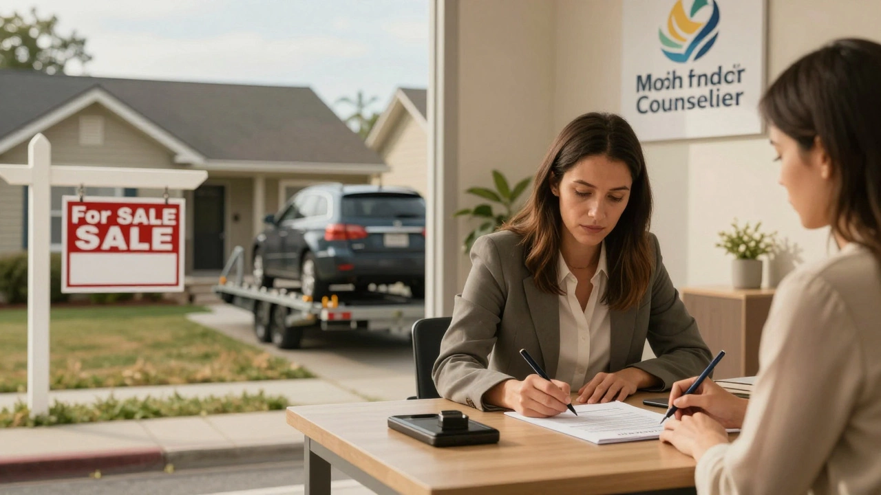 Left: home with 'For Sale' sign and towed car; right: calm client signing a debt plan at a counselor's office.