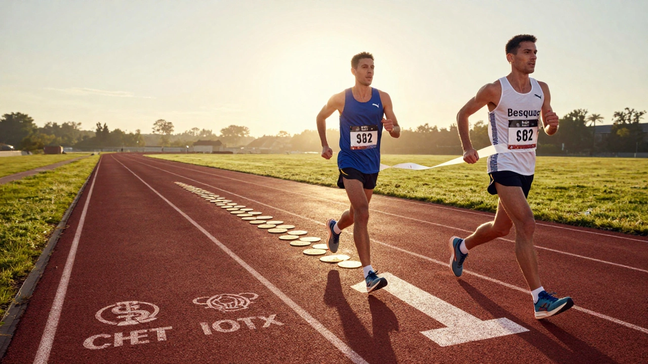 Marathon runner crossing a '' finish line with real crypto projects marked on the track, behind fading meme coins.