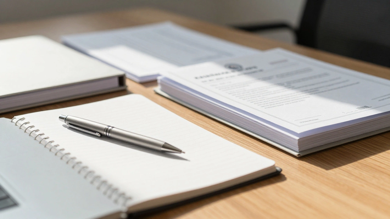 Organized financial documents and folders on a wooden desk
