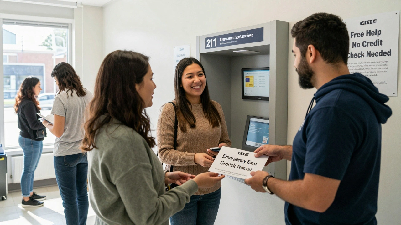 People receiving emergency cash vouchers at a community center with 211 Ontario signage.