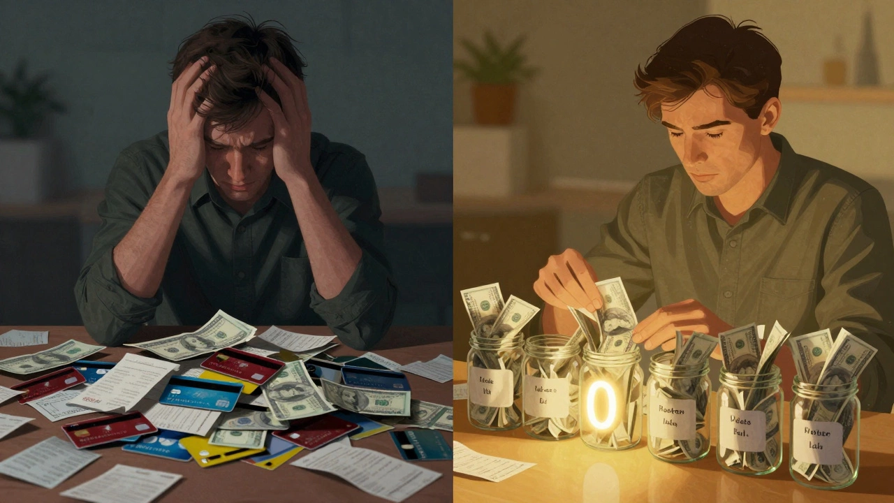Split-screen showing financial chaos on one side and organized budgeting on the other, with contrasting lighting.
