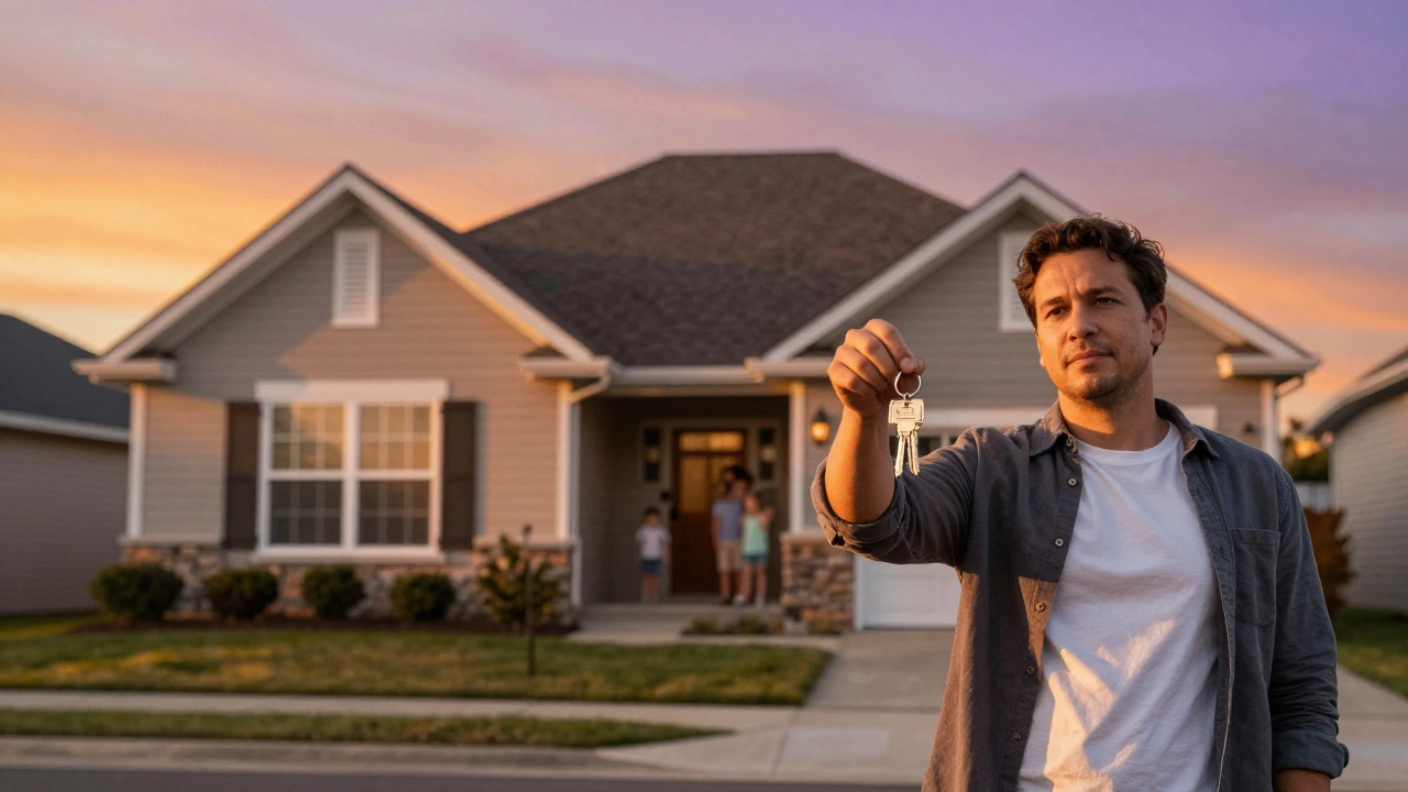 Suburban home exterior at sunset with a homeowner holding keys.