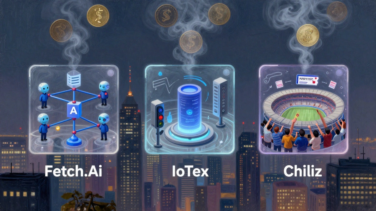 Three blockchain networks representing Fetch.ai, IoTeX, and Chiliz interacting with real-world infrastructure above a city.