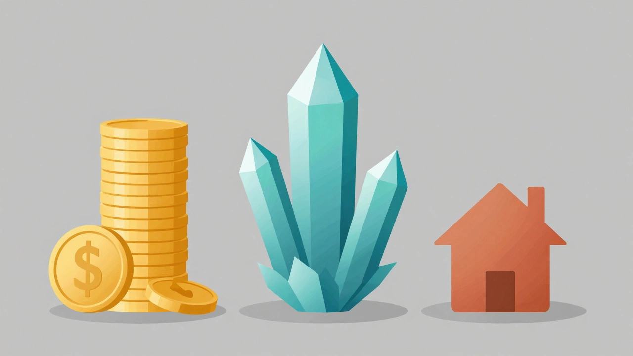 Three colored columns representing cash stocks and houses