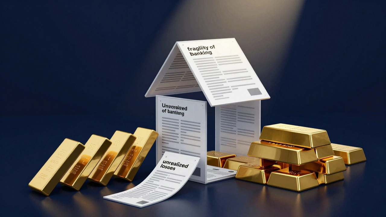 A conceptual house of cards made of bank documents and gold bars symbolizing financial instability.