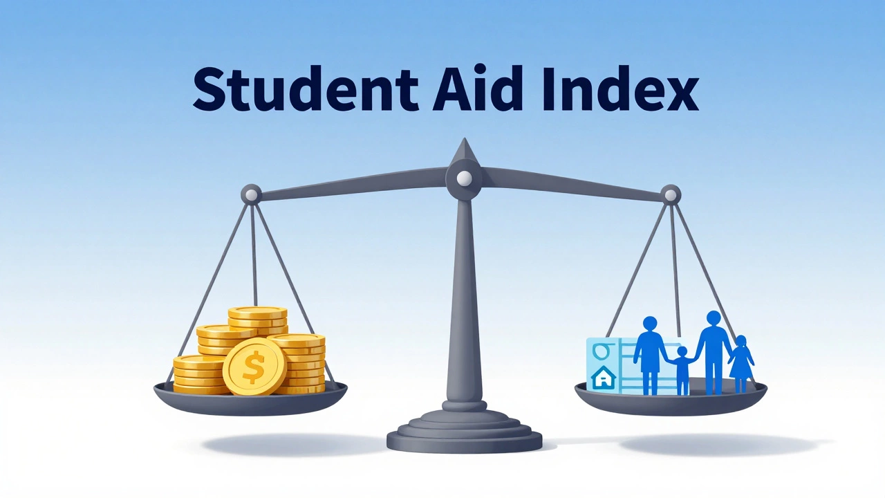 A conceptual scale balancing family income and household size to determine financial need.