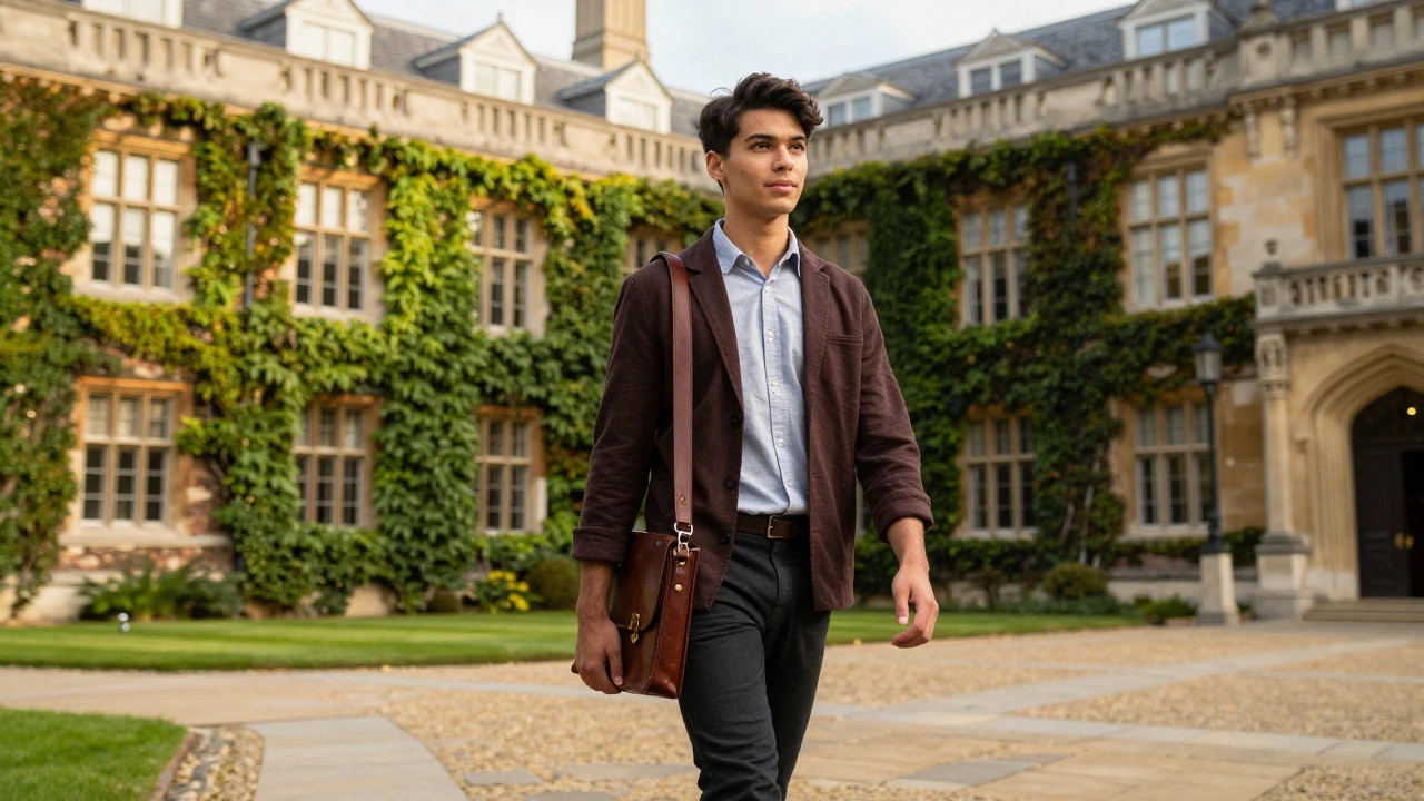 A confident student walking through a prestigious university campus.