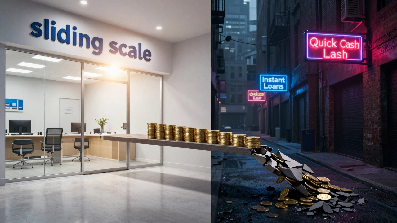 A contrast between a professional bank office and a dark street with predatory loan signs.