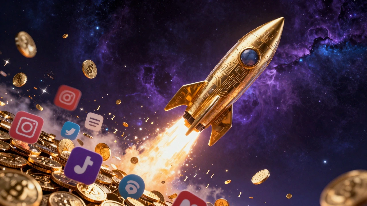 A digital rocket ship launching from a sea of memes into a cosmic purple nebula