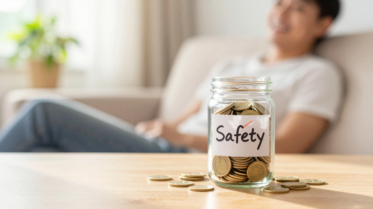 A glass jar being filled with coins on a sunny table, representing an emergency fund.