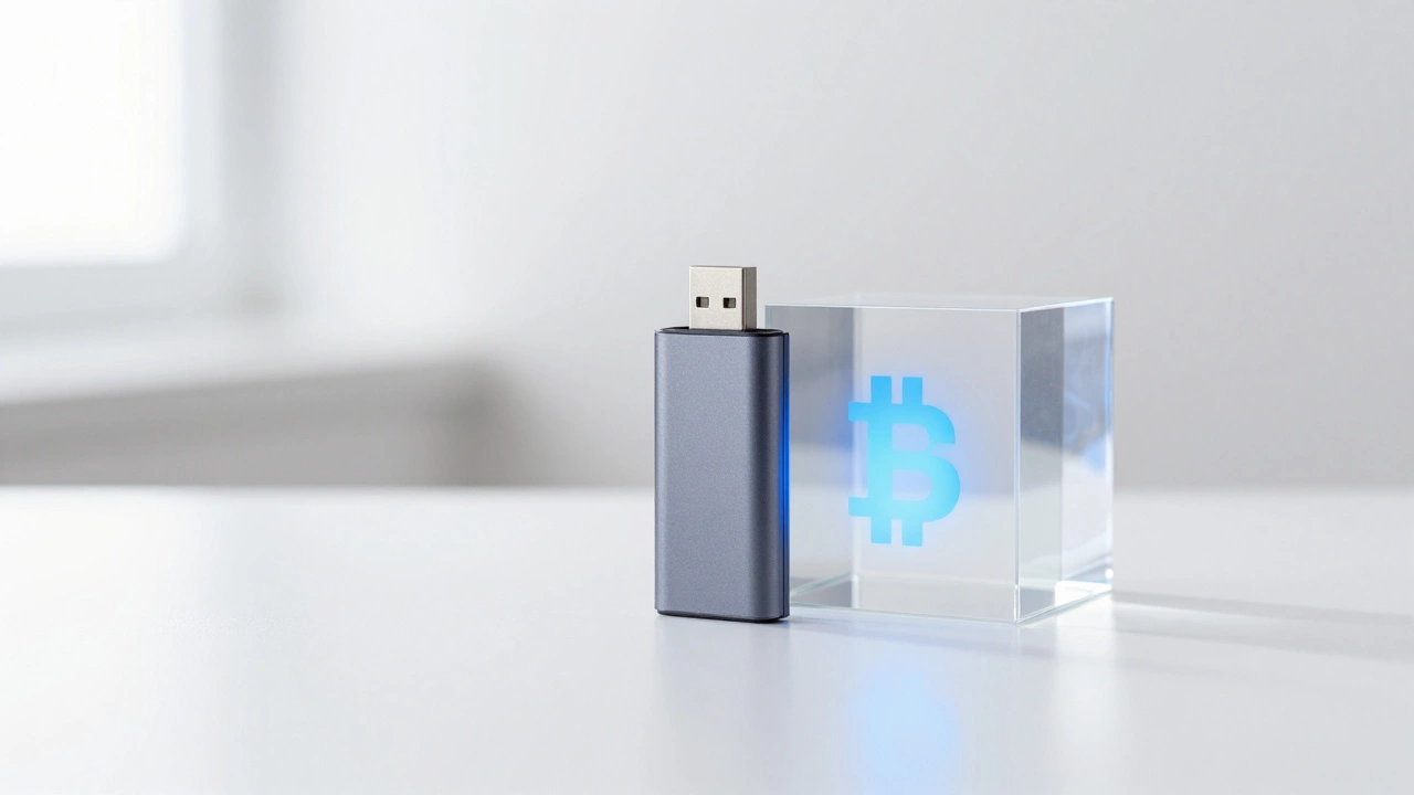 A hardware wallet and a glowing blue cube symbolizing secured crypto profits