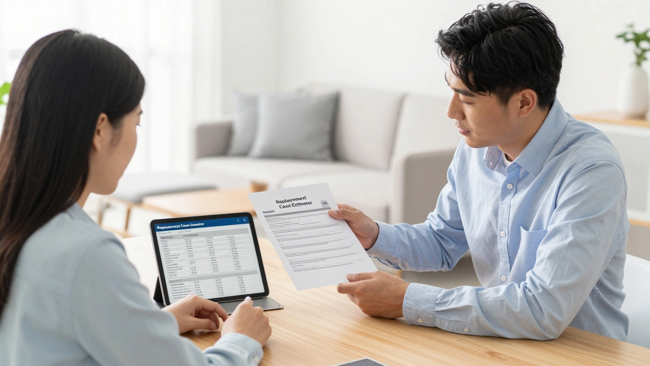 A homeowner and insurance agent reviewing a replacement cost estimate.