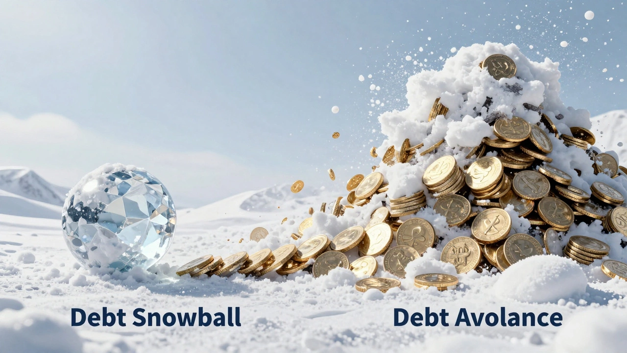 A split illustration showing a snowball and an avalanche crashing into piles of coins.