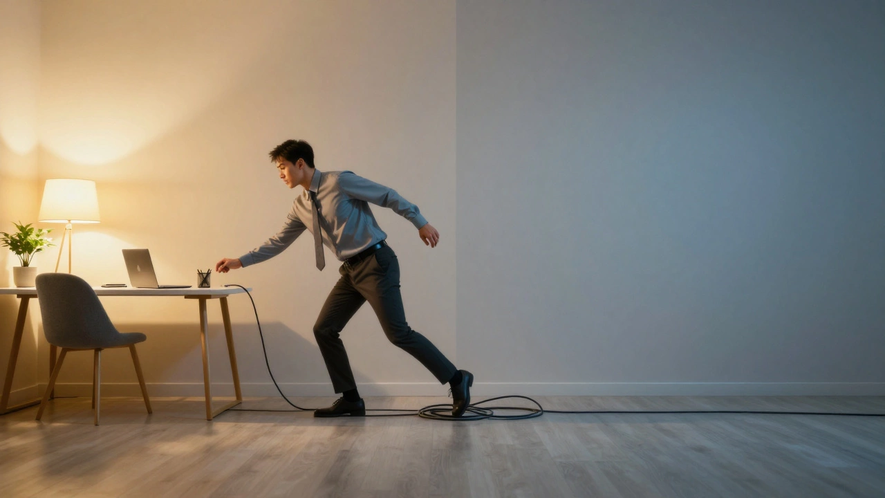 A split-scene showing a home office transitioning to a corporate setting with a tripping employee.