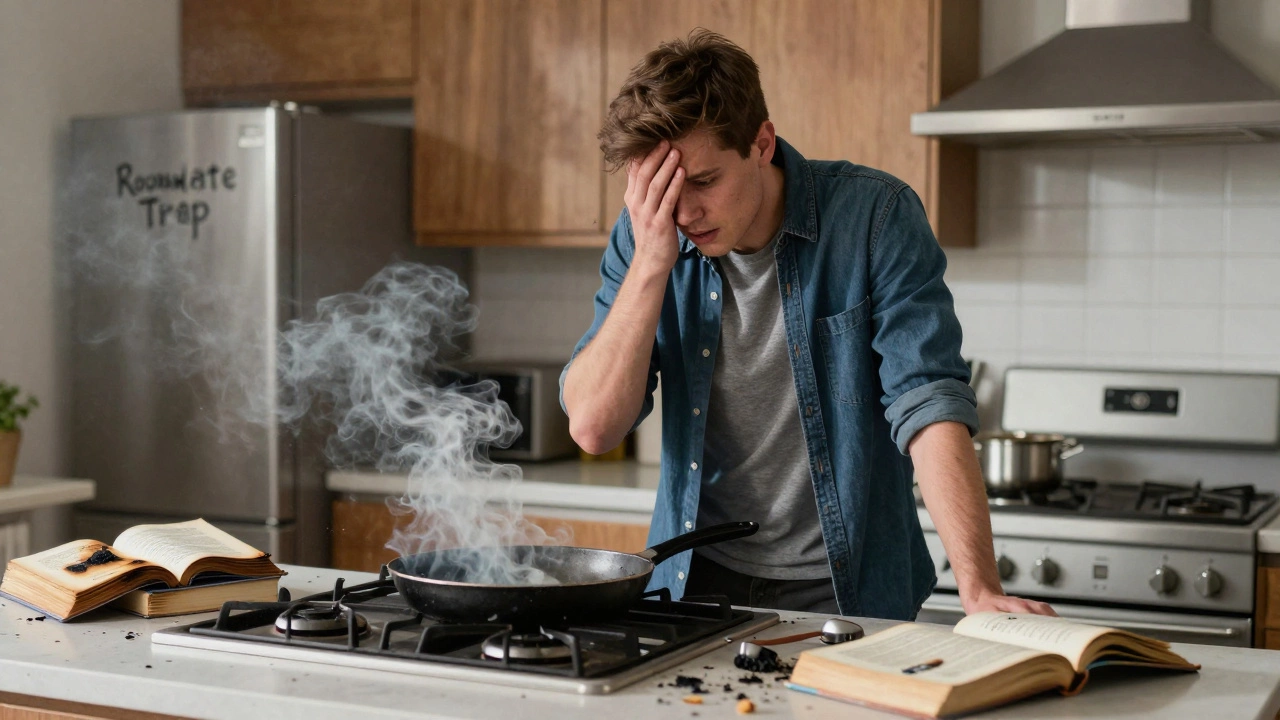 A stressed roommate in a kitchen with a smoking pan and damaged personal items.