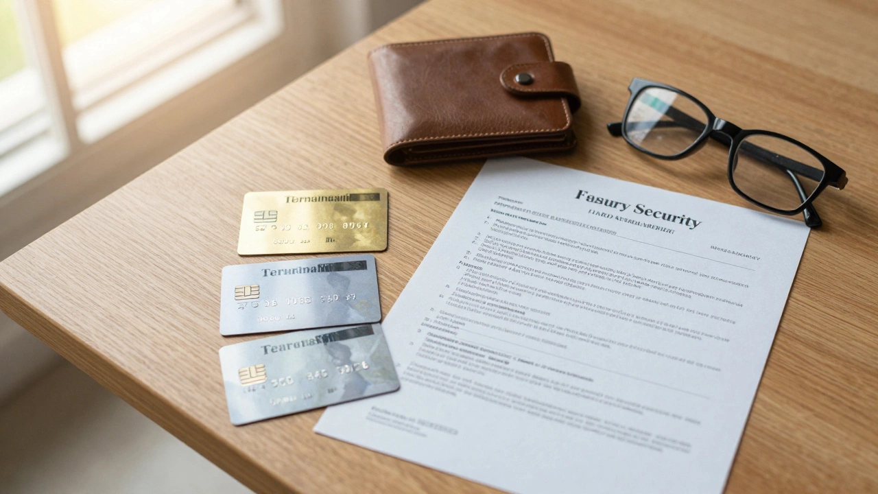 A variety of bank cards and a government treasury bill on a desk, representing diversification.