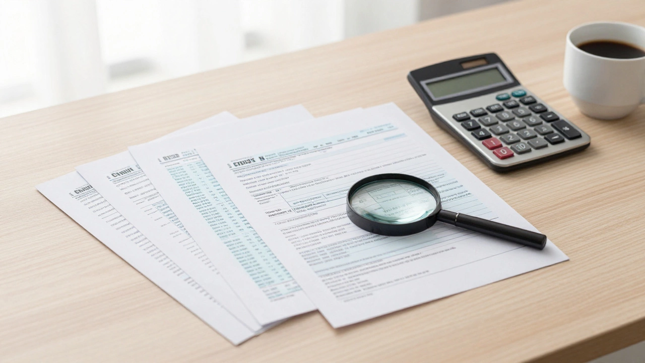 An organized desk with credit reports, pay stubs, and a calculator for loan preparation.