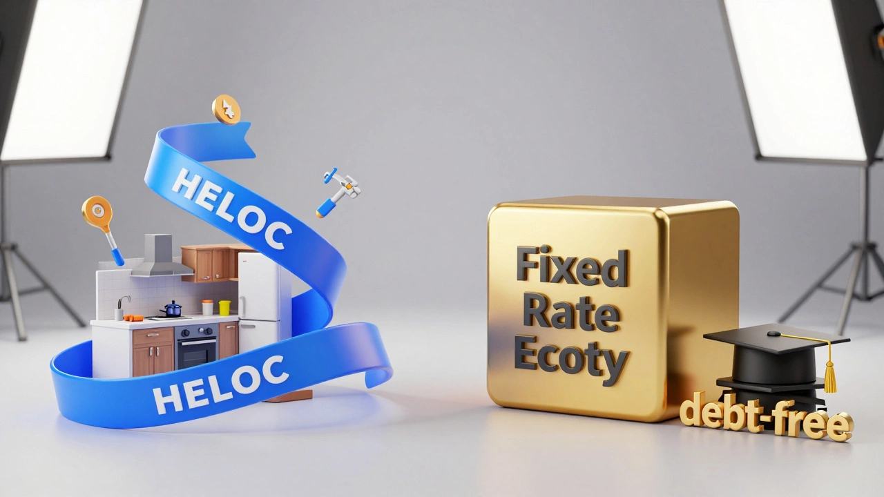 Conceptual 3D render comparing a flexible HELOC and a fixed home equity loan.