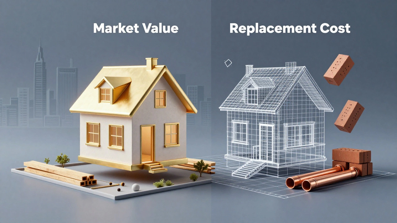 Conceptual image comparing market value and rebuilding costs of a home.