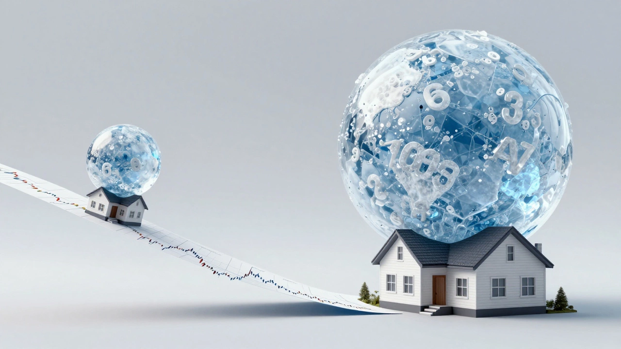 Conceptual image of a growing snowball of debt overshadowing a house