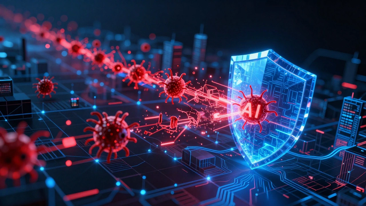 Digital representation of an AI security shield neutralizing a red malware attack on a network.