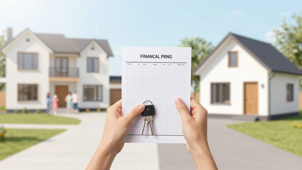 Hands holding keys and a financial plan between a large house and a smaller cottage