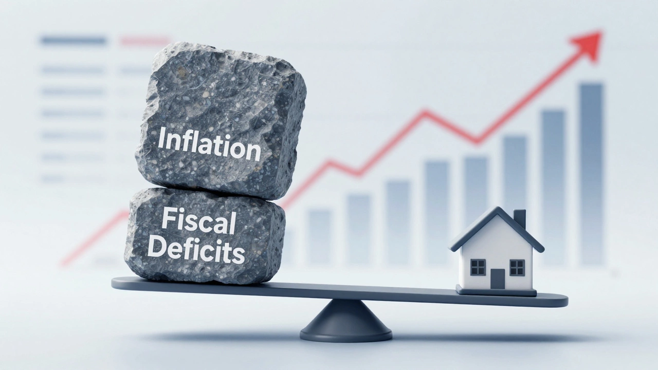 Abstract illustration of inflation and deficits weighing down a house on a balance scale