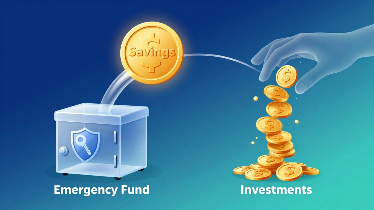 Conceptual art splitting savings into emergency fund safety box and investment growth stream.