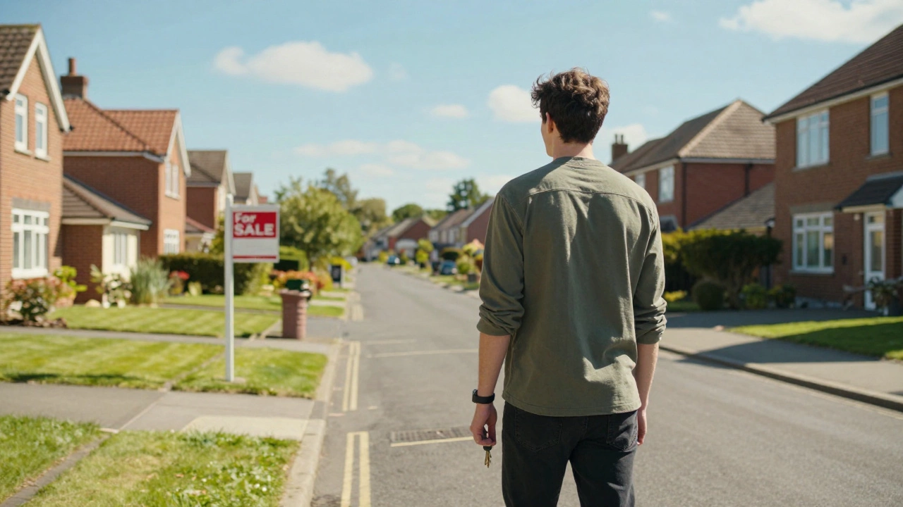 Confident young adult holding keys near a house, symbolizing financial freedom and future goals.