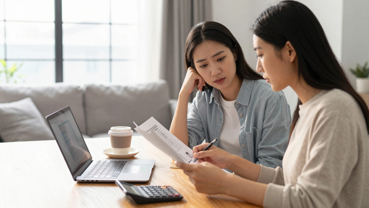 Couple calmly reviewing finances at a sunlit dining table, planning for higher rates