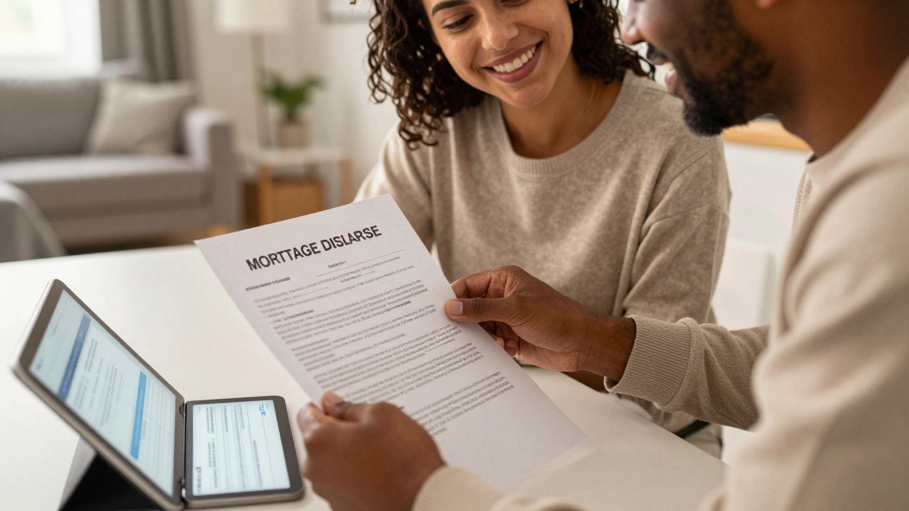 Couple smiling while reviewing mortgage paperwork and a tablet at a kitchen table.