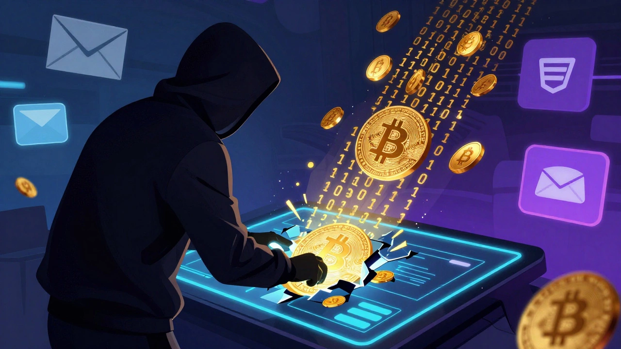 Cyberpunk hacker stealing crypto from a digital wallet